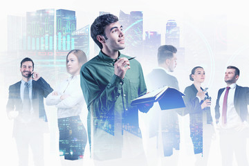 Poster - Business team in city, infographics interface