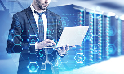 Poster - Engineer in data center, cyber security interface
