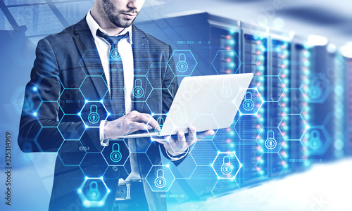 Fotomural Engineer in data center, cyber security interface