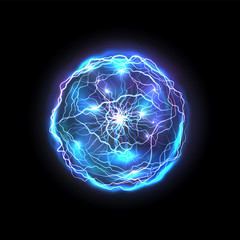 Poster - Isolated energy ball made of lightning. Glowing realistic blue circle or abstract vector bright sphere, magic electrical bolt. Plasma and thunder, thunderstorm and orb, thunderbolt, storm ring. Power