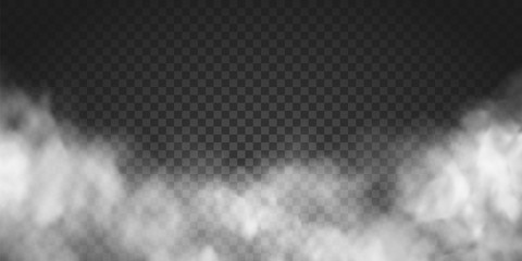 Poster - Vector realistic smoke cloud or gray fog, rocket or missile launch pollution. Abstract gas on transparent background, vapor machine steam or explosion dust, dry ice effect, condensation, fume