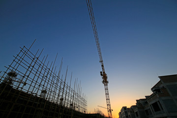 Poster - Cranes at work, silhouetted on construction sites