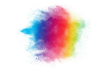 Colorful powder explosion on white background. Colored cloud. Colorful dust explode. Indian festival Holi