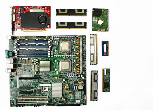 Computer parts: motherboard, graphics card, ram memory, hard disk