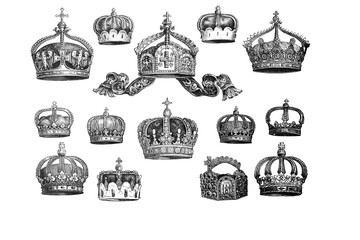 Set of  king or queens crowns / Engraved antique illustration from Brockhaus Konversations-Lexikon 1908