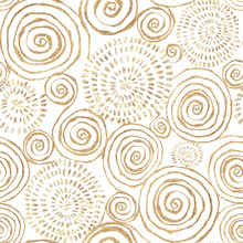 Abstract Seamless Pattern With Golden Glittering Acrylic Paint Round Spiral Circles On White Background