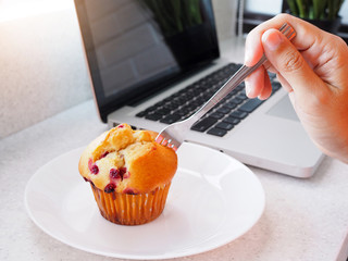 Muffins on a white plate snack for eating on working desk using laptop computer.