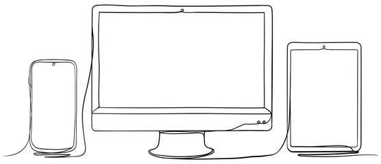 Poster - Mobile Phone, Computer Monitor and Tablet PC. Hand Drawn Continuous Line Art Vector Illustration.