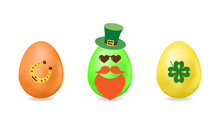 Easter Egg With Elements For St. Patrick S Day. Set Of Vector Illustrations. Colored Eggs Isolated On White Background. Ideal For Holiday Designs, Greetings Cards, Prints, Designer Packaging And More