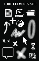 Aufkleber - Set of black and white textures and geometric shapes. Collection of 1-bit pixel art elements for design.