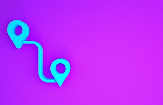 Blue Route location icon isolated on purple background. Map pointer sign. Concept of path or road. GPS navigator. Minimalism concept. 3d illustration 3D render