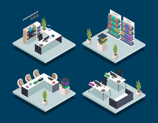 Poster - Modern book library isometric color vector illustrations set. Bookstore with no people. Empty university computer class, office interior. Public library 3d concept isolated on blue background
