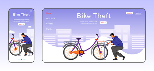 Poster - bike theft adaptive landing page flat color vector template. street thief mobile and pc homepage lay