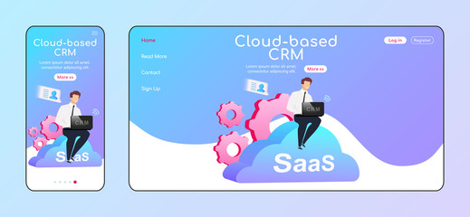Poster - Cloud based CRM adaptive landing page flat color vector template. Businessman in shirt and necktie mobile and PC homepage layout. SaaS one page website UI. Modern tech webpage cross platform design