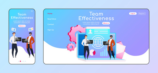 Poster - Team effectiveness adaptive landing page flat color vector template. Employees keep laptops mobile and PC homepage layout. Teamwork one page website UI. CRM system webpage cross platform design