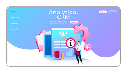 Wall Mural - Analytical CRM landing page flat color vector template. Man keeps magnifying glass homepage layout. Data analyzing one page website interface, cartoon character. Letter, cogwheels web banner, webpage
