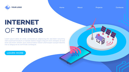 Poster - Renewable energy landing page vector template with isometric illustration. Eco friendly electricity source. Smart home solar panel and windmill. Website interface design. Webpage 3d concept