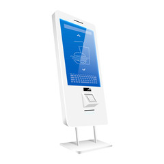 Fototapete - Digital food counter with sensor display realistic vector illustration. Interactive vending kiosk flat color object. Online self order construction isolated on white background. Freestanding board