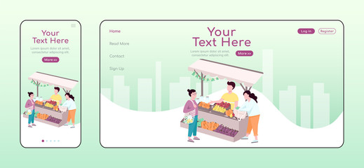 Poster - Farmers outdoor street market adaptive landing page flat color vector template. Buying natural and organic food mobile and PC homepage layout, one page website UI. Webpage cross platform design