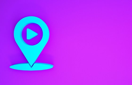 Blue Digital media play with pin location icon isolated on purple background. Minimalism concept. 3d illustration 3D render