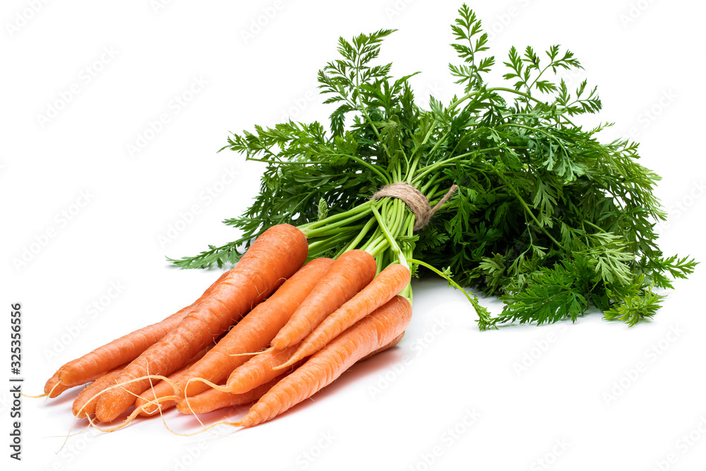 Bunch of new carrots isolated on white - obrazy, fototapety, plakaty 