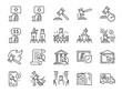Auction line icon set. Included icons as hammer, price, bidding, judge, auction hammer, painting, deal and more.