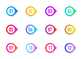Poster - Collection 3D arrows bullet point triangle flags isolated on white background. Colorful gradient markers. Number from 1 to 12. Vector