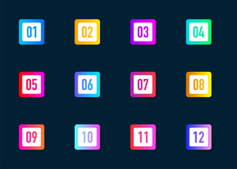 Poster - Collection buttons bullet point triangle square flags isolated on dark blue background. Colorful gradient elements. Number from 1 to 12. Vector