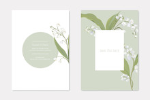 Wedding Invitation Cards With Floral Design Set. White Lily Of The Valley Flowers On Stem With Leaves Decoration. Romantic Frame With Greenery, Save The Date Postcard Template Vector Illustration