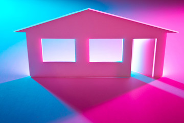 Poster - Fragment of a house on a pink and blue background. Apartment. Development of the design project of the cottage for a particular owner. Taking into account all the wishes of the owner of the apartment