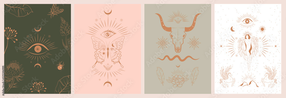 Collection of mythology and mystical illustrations in hand drawn style. fantasy animals, mythical creature, esoteric and boho objects, woman and moon, snake and evil eye. Vector Illustration - obrazy, fototapety, plakaty 