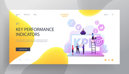 Poster - Kpi Data Report, Key Performance Indicators with Business People and Infographics Elements Website Landing Page. Metrics Analysis, Company Management Web Page Banner. Cartoon Flat Vector Illustration