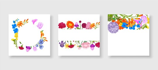 Wall Mural - Floral frame collection set of cute cartoon summer flowers arranged in shape of the wreath perfect for wedding invitations and birthday cards, vector illustration. Floral wreaths for summer cards.