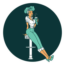 Tattoo Style Icon Of A Pinup Girl Drinking A Milkshake