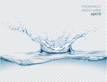 Blue Transparent Water Splashes And Drops. Realistic Isolated Vector Illustration 