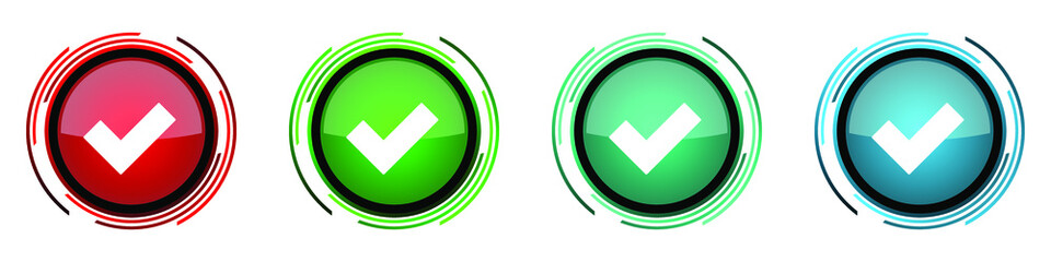 Fototapete - Accept round glossy vector icons, set of buttons for webdesign, internet and mobile phone applications in four colors options isolated on white background