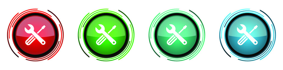 Leinwandbilder - Tools round glossy vector icons, set of buttons for webdesign, internet and mobile phone applications in four colors options isolated on white background