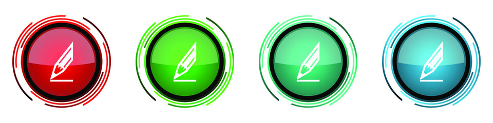 Leinwandbilder - Pencil round glossy vector icons, set of buttons for webdesign, internet and mobile phone applications in four colors options isolated on white background