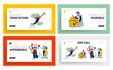 Poster - Worker Service, Husband for an Hour Website Landing Page Set. Handyman Wearing Helmet and Working Overalls Hurry to Help with Broken Technics Web Page Banner. Cartoon Flat Vector Illustration Line Art