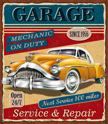 Dekoracja na wymiar  plakat-retro-vintage-garage-z-retro-samochodem