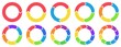 Colorful circle arrow charts. Multicolor spinning arrows, repeat circle combinations and reload icon vector set. Business strategy workflow process infographic elements, circular statistics diagrams