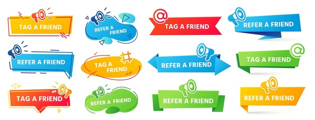 refer a friend banner. referral program label, friends recommendation and social marketing tag frien