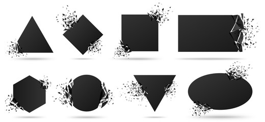 exploded frame with spray particles. explosion destruction, shattered geometric shapes and destructi