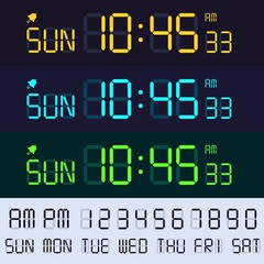 Fototapete - Alarm clock lcd display font. Electronic clocks numbers, digital screen hours and minutes. Retro display text vector set. Glowing time interface with digits