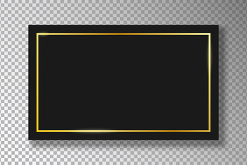 Leinwandbilder - Golden frame on black plate isolated on transparent background with shadow. Gold border with glow shine on black rectangle. Vector illustration.