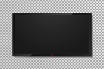 Poster - Realistic TV screen template with empty black display. LCD or LED tv panel, 4k television screen on transparent background with shadow. Graphic mock up for banner, web and adversting posters. Vector.