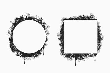 Aufkleber - Spray painted frames in square and circle form. Stencil border set with grunge paint splatter. Graffiti and street art sprayed blank banners with black ink. Vector illustration.
