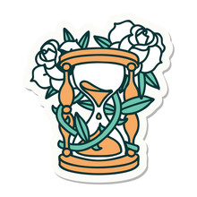 Tattoo Style Sticker Of An Hour Glass And Flowers