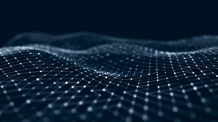 Poster - Big data visualization. Wave with the connection of luminous points and lines. 3D rendering.