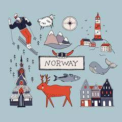 Norway culture elements set. Hand drawn vector illustration of Nordic symbols in doodle style. Lighthouse, whale, deer, fjord, scandinavian house, church, viking helmet. Travel Scandinavia concept